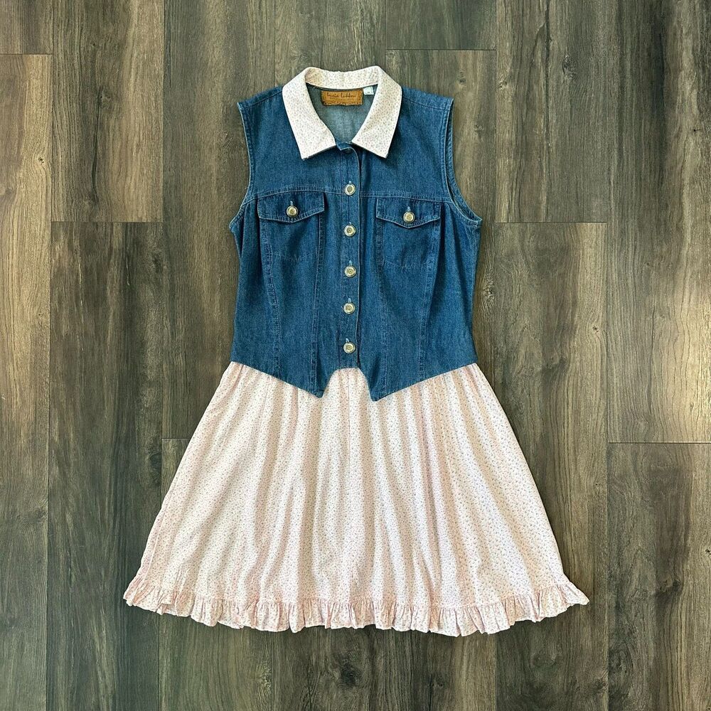 90's Vintage Lucia Lukken Cottage Dress Denim Vest Pink Floral Skirt Size Small